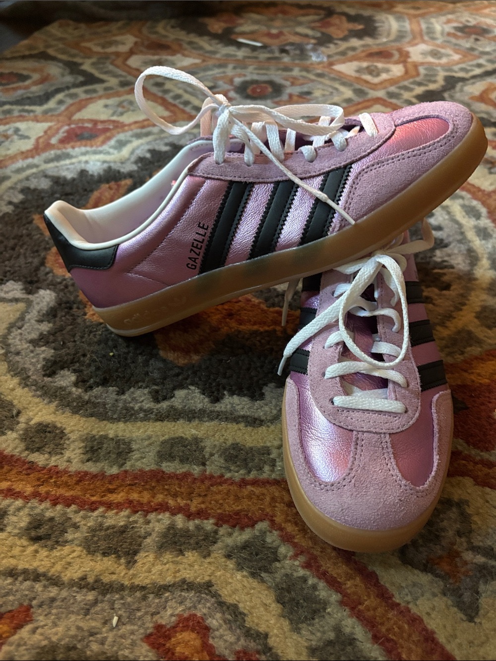 adidas Pink with Black Stripes and Gum Sole Gazelle Sneakers